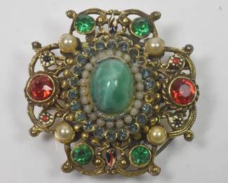 Vintage Victorian Style Brooch, Red and Green Glass