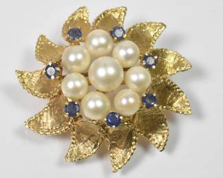 14k Gold And Pearl Floral Brooch