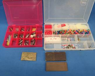 Lot 125. Fishing sinkers, beads for DIY spinners, Winchester belt buckle, and a honing stone