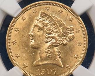 Lot 15. 1907&nbsp; $5.00 Liberty Head gold coin.&nbsp; Graded MS 62 by NGC