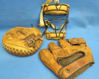 Lot 37. Vintage Rawlings Catchers Mask, Catchers Mitt, and Tommy Henrich Baseball Glove