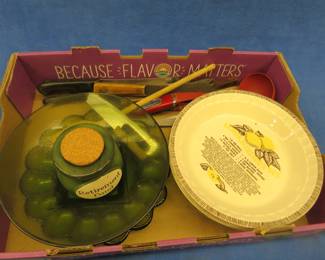 Lot 171. Knives, pie pans, and green glass