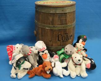 Lot 39. Wooden Coca-Cola Barrel and 20 Collectible Coca-Cola Stuffed Animals