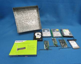 Lot 286. IDE Hard Drives, PCI Ethernet Cards, Matrox PCI Memory Upgrade and Two Metal Trays