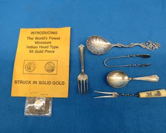 Lot 103. Sterling silver tableware and miniature 8kt gold coin