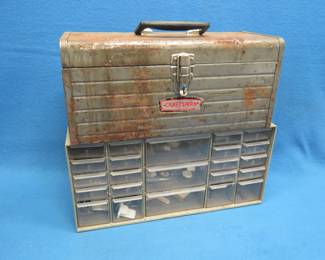Lot 334. 23-Drawer Plastic Hardware Storage, Hardware, Craftsman Metal Toolbox, and Tools