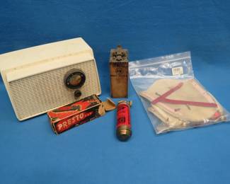 Lot 79. Vintage Westinghouse AM Radio, Antique Ignition Coil, Bike Flaps and Fire Extinguisher