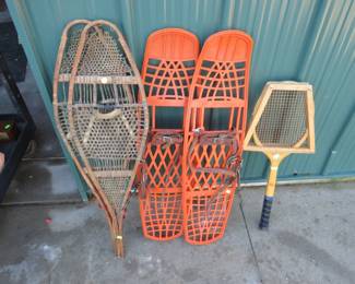 Lot 438. Antique and modern snowshoes and a vintage tennis racquet