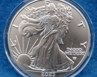 Lot 166. 2023 American Silver Eagle.&nbsp; One troy ounce of 99.9% pure silver.
