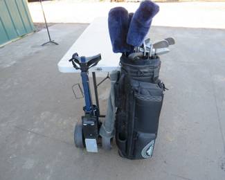 Lot 436. Set of mixed rh golf clubs with bag and pull cart