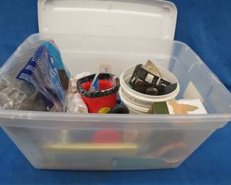 Lot 173. Sterilite tote containing painting and other household maintenance supplies
