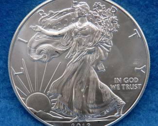 Lot 222. 2012 American Silver Eagle.&nbsp; One troy ounce of 99.9% pure silver.