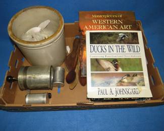 Lot 418. Crock, decorative birds, wooden spoons, books, and more