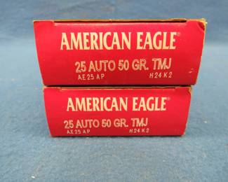 Lot 57. Two full boxes of 50 each American Eagle 25 auto pistol rounds.&nbsp; 50 grain.&nbsp; 100 total rounds.