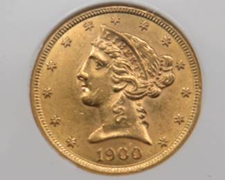 Lot 29. 1900&nbsp; $5.00 Liberty Head gold coin.&nbsp; Graded MS 62 by NGC