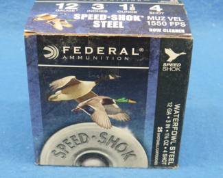 Lot 60. Federal Speed-Shok 12 gauge 3" steel.&nbsp; #4 shot.&nbsp; Full box of 25 rounds