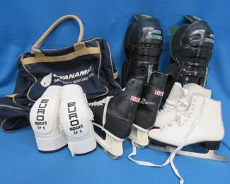 Lot 387. Size 10 CCM Hockey Skates, Size 8 Lange Skates, Hockey Goalie Pads, Bag, and More