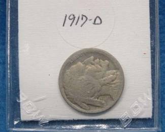 Lot 407. Five Buffalo Nickels: 1915D, 1916D,1917D, 1919D and 1919S. Dates are hard to read.