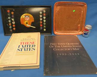 Lot 450. Two serving trays including a 2.5 lb. solid copper one, state quarter collection book with 10 quarte