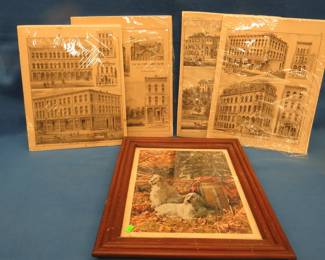 Lot 232. Prints of St Paul businesses from the late 1800s.&nbsp; Hunting dog framed picture.