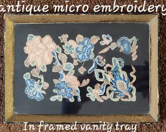 Antique micro embroidery in framed vanity tray. Tiny ornate stitches with tiny glass beads