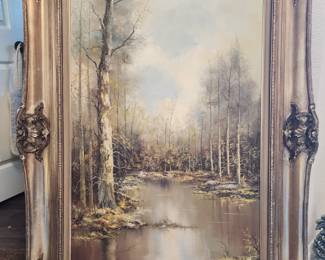 Very large original oil autumn landscape in ornate frame
