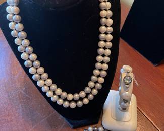 Double Strand Pearl Necklace, Pearl Bracelet, and Sterling and Pearl Bracelet
