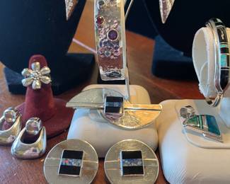14k Gold Mounted Semi precious Stones on Sterling Cuff and Earrings, Sterling Pin and Earrings with Onyx and Opal inlay