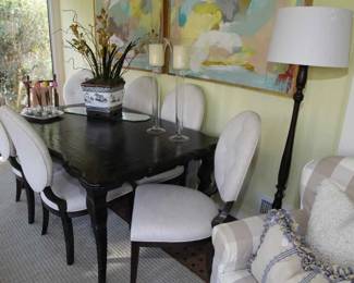 BLACK FARM TABLE WITH WHITE LINEN UPHOLSTERED CHAIRS