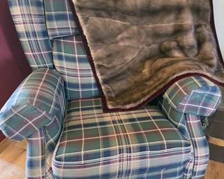Plaid arm chair, vintage fur lap blanket