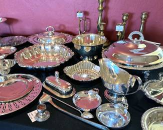 Vintage English Sheffield silver-plated ice bucket, silver-plated serving platters, etc. 
