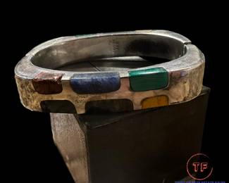 Sterling Silver Bangle Bracelet with Stone Inlay