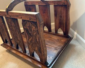 Hand Carved Art Nouveau Log Holder with Brass Accents