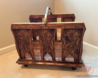 Hand Carved Art Nouveau Log Holder with Brass Accents