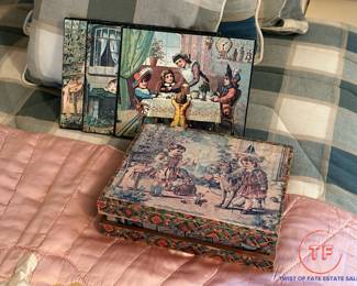 Early 1900's Multi-Sided Victorian Puzzle Box Set with Picture Boards