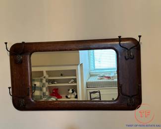 Antique Oak Hall Tree Mirror with Hat and Coat Hooks