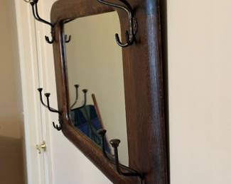 Antique Oak Hall Tree Mirror with Hat and Coat Hooks