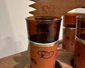 Vintage SIESTAWARE Western Motif Tiki Glasses with Wooden Carrier