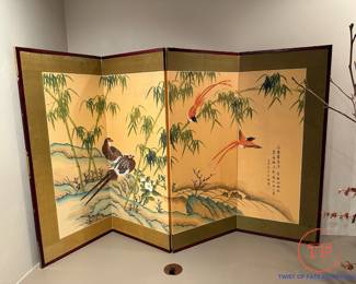 Vintage MCM Chinese Four Panel Signed Picture Screen with Birds