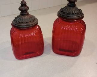 Ruby Red Ribbed Glass Canisters