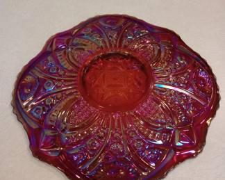 Red Sunset Carnival Glass Footed Platter