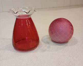 Ruby Red Ruffled Glass Vase                                                                                                                                                                                       Thomas Webb Pink Satin Glass Paperweight 