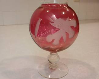 Etched Cranberry Glass Ruffled Pedestal Vase