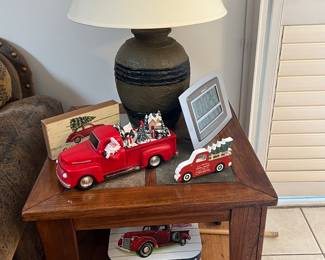 1 OF 2 END TABLES, RED TRUCK DECOR, 1 OF 2 TABLE LAMPS