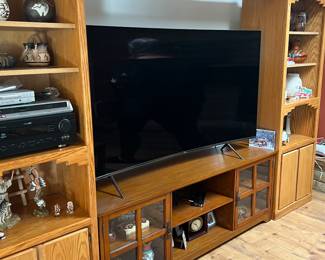 MEDIA STAND, OAK PIER GROUPING, FLAT SCREEN TV, SW POTTERY AND DECOR