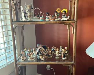 RATTAN SHELVING, HUMMEL FIGURINES