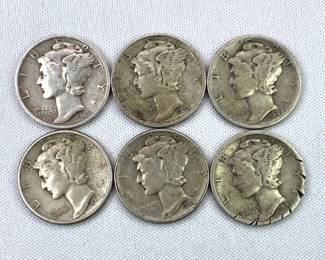 (6) WWII Era Mercury Silver Dimes, 90% Silver