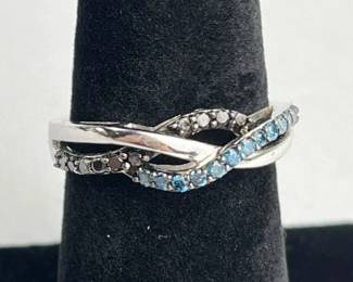 925 Silver Black Diamonds and Blue Stone Ring