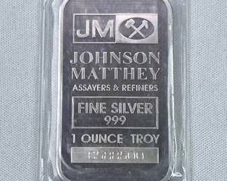 1oz Silver Bar, Johnson Matthey .999 Fine