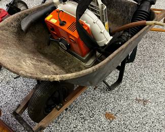 leaf blower Sold and wheel barrel. 